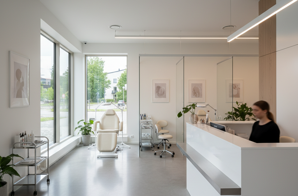 Kvinna som får en professionell behandling med permanent make-up för ögonbryn i Täby.