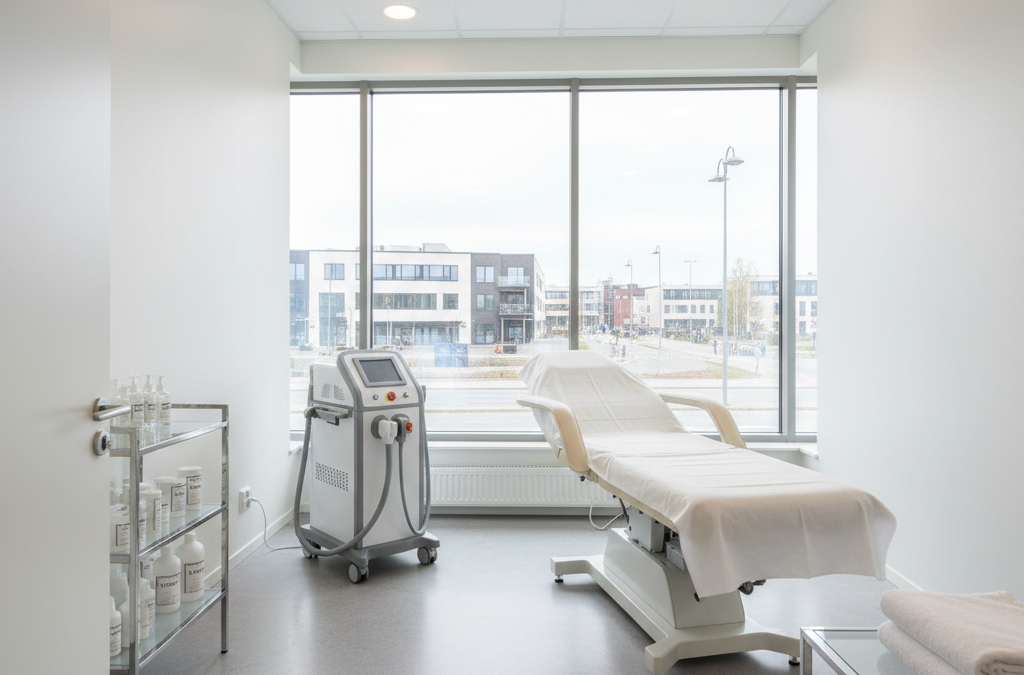 Person som genomgår hårborttagning med laser på benen på en klinik i Täby.